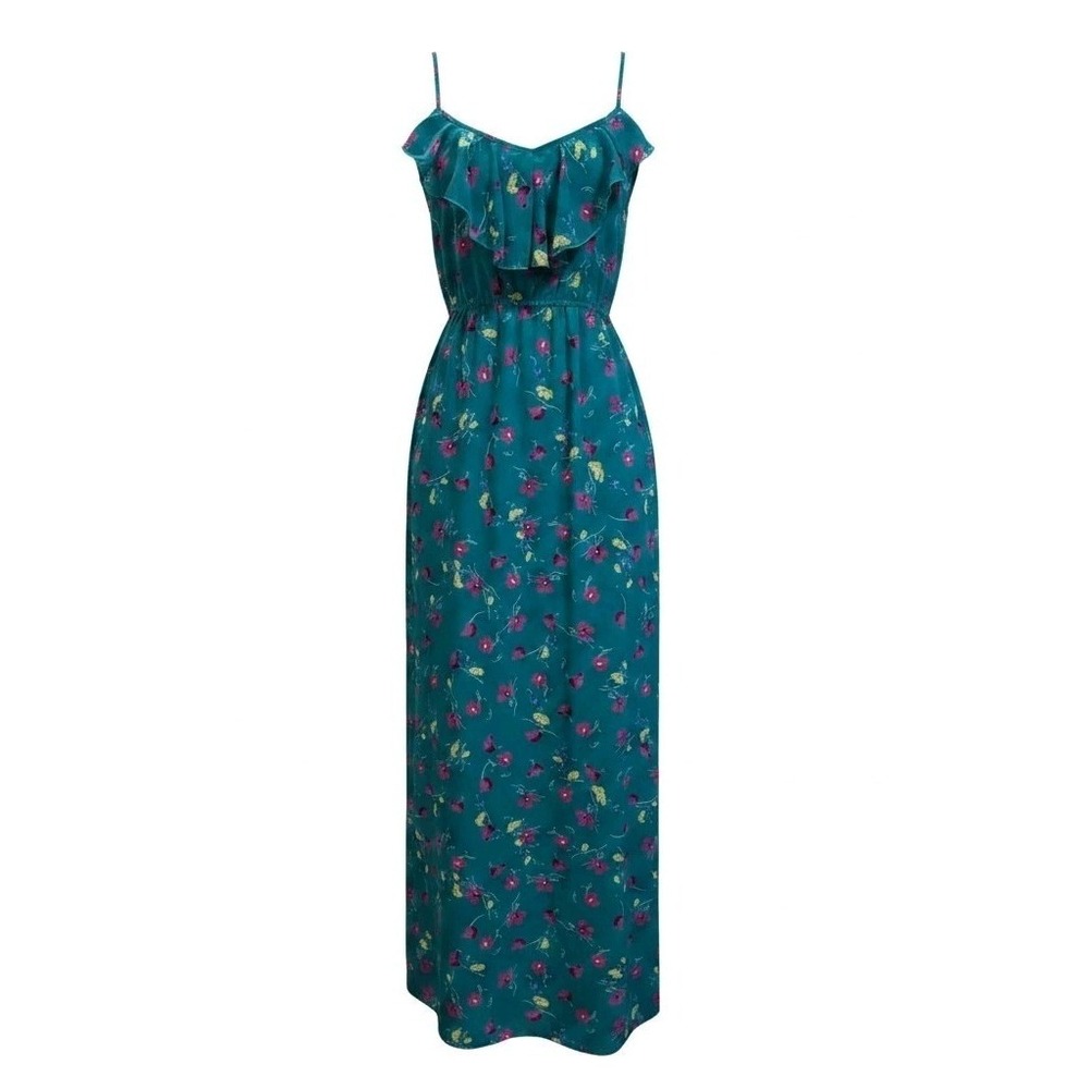 Heart Ronson Teal Floral Maxi Dress XS Boho Ruffle Neck Spaghetti Strap Pockets